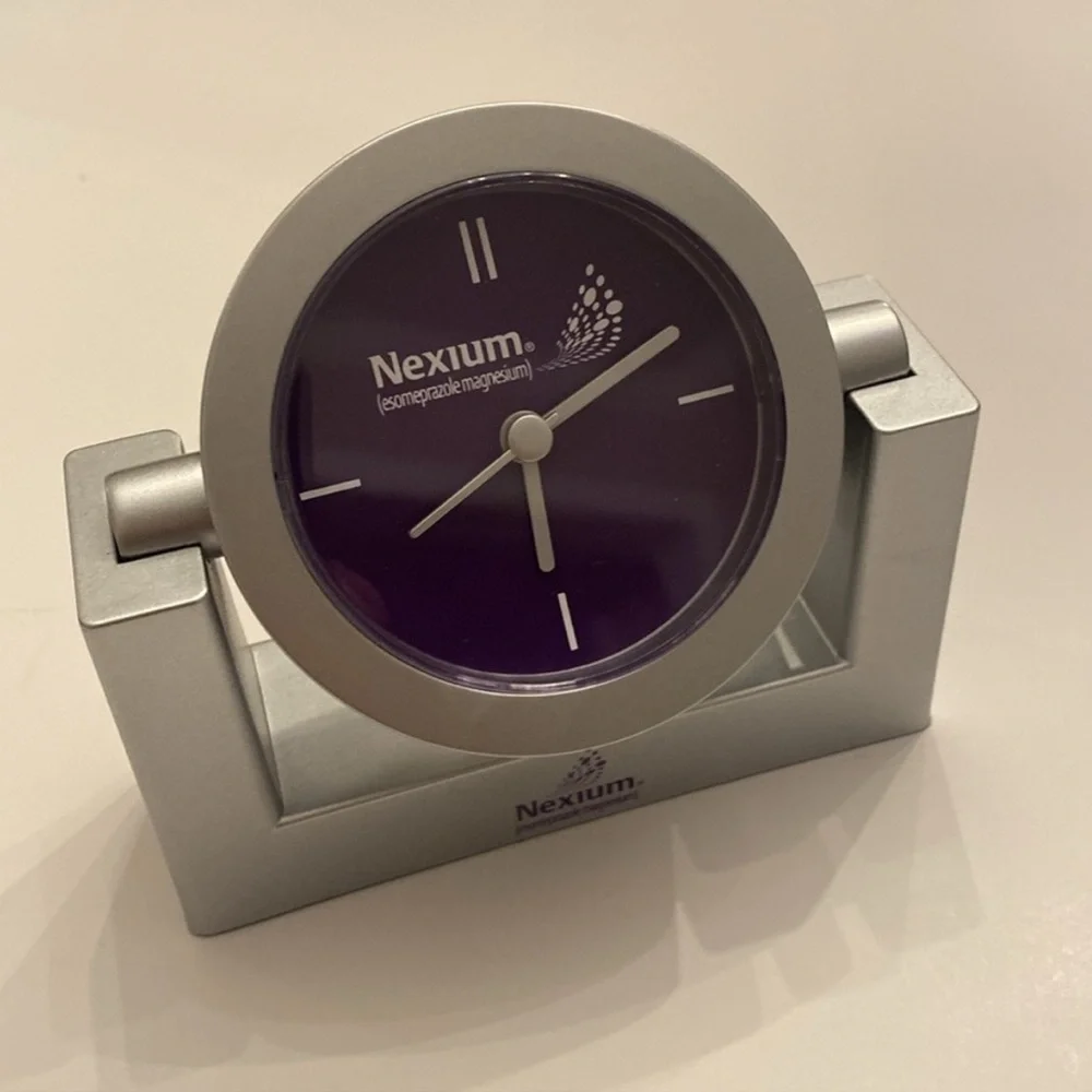 VTG Analog Y2K Desk Clock Silver Purple White Ticking Velvet Bottom NWT OS Rare